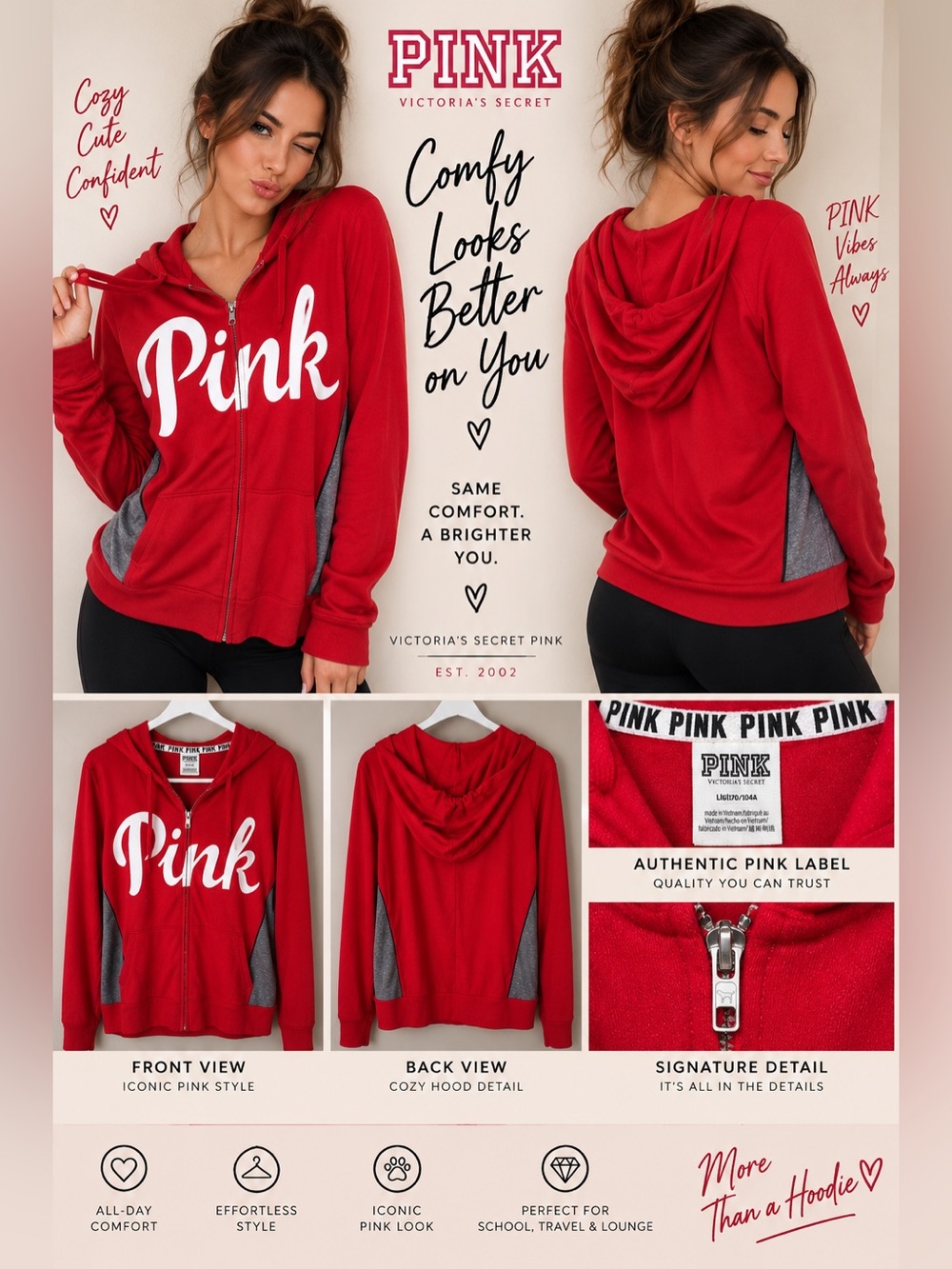 PINK by Victoria's Secret Red Zip-Up Hoodie size Large